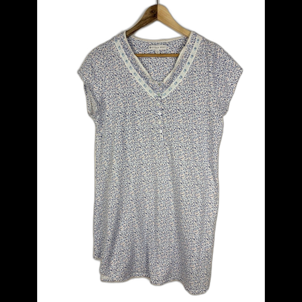 Eileen West Blue Floral Cotton Short Sleeve Nightgown Size Medium Cottagecore